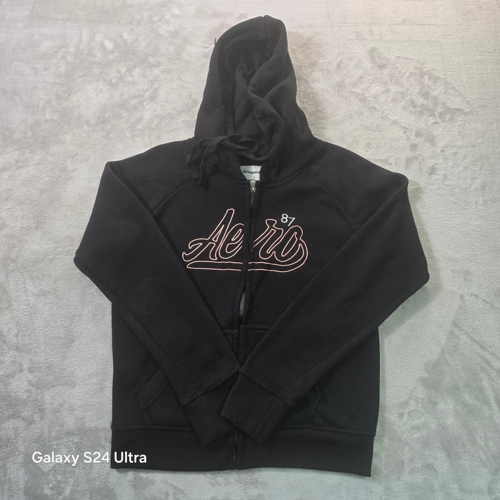 Aeropostale Womens Black Pink Embroidered Logo Full Zip Hoodie Sweatshirt L